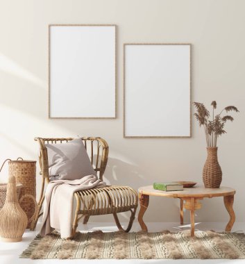 Ev içini rattan mobilyalarla, Scandi-boho tarzıyla, 3D görüntüle