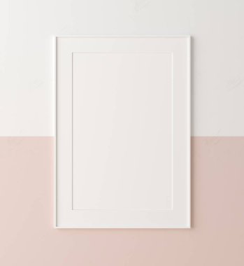 Duvara yakın maket poster çerçevesi boyalı beyaz ve pastel pembe, 3D renkte.