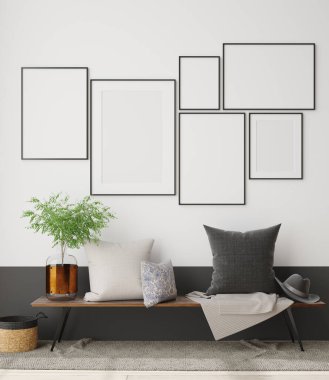 İçeriye ahşap bir bank, vazo ve yastık dalları, 3 boyutlu görüntüleme.