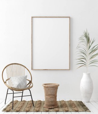 Çerçeveyi ev içi arka planda, doğal ahşap mobilyalı beyaz oda, Scandi-Boho tarzı, 3D görüntüleme