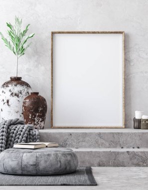 Etnik tarzda oturma odasının içinde 3D model poster.