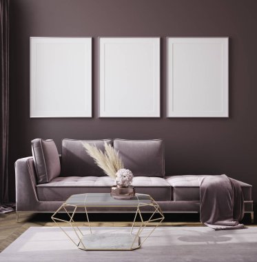 Siyah menekşe monokrom modern oturma odası iç plan, 3D canlandırma