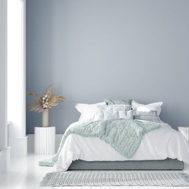 Yatak odasında yatak, masa ve buketi olan ev yapımı maket.