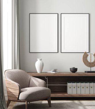 Modern oturma odasının iç plan modelleme posteri, 3B görüntüleme