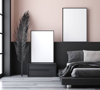 Model poster modern yatak odasında, 3D çizim