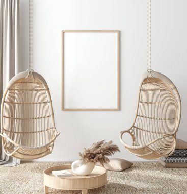 Sahilde boho tarzı iç çerçeve, 3d oluşturma