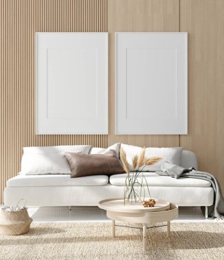 Ilık İskandinav tarzı oturma odasının içinde ahşap dekorlu 3D bir poster yap.