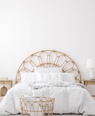 Coastal boho tarzı yatak odası iç mekan, duvar modeli, 3D tasarım.