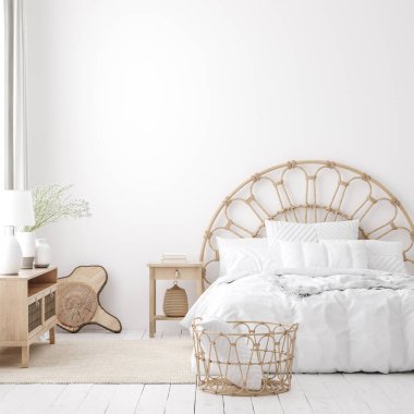 Coastal boho tarzı yatak odası iç mekan, duvar modeli, 3D tasarım.