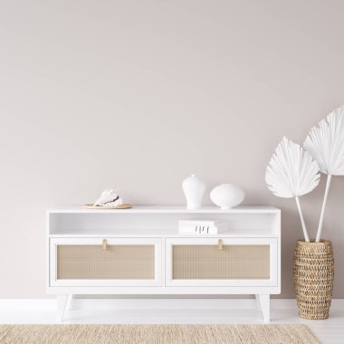 Kıyı evindeki iç plan çerçevesini, doğal ahşap mobilyaları ve kuru bitkileri olan odayı, 3D görüntüle.