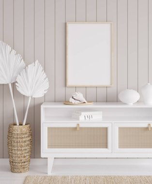 Kıyı evindeki iç plan çerçevesini, doğal ahşap mobilyaları ve kuru bitkileri olan odayı, 3D görüntüle.