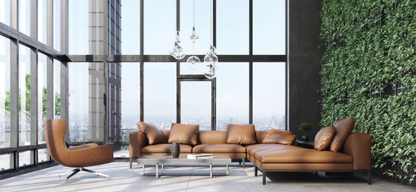 Konforlu Modern Oturma Odası Dekorasyonu Panoramik Pencereli — Stok fotoğraf