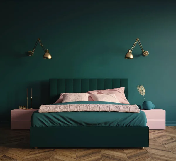 Modern dark green bedroom interior, 3d render