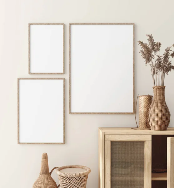 Mock Frame Home Interior Rathan Furniture Scandi Boho Style Render — стоковое фото
