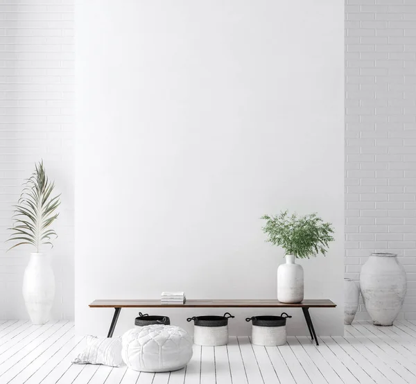 Parete Modellare Bianco Interni Semplici Con Mobili Legno Stile Scandi — Foto Stock