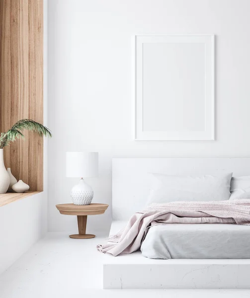 Σκελετός Αφίσας Mockup Λευκό Άνετο Εσωτερικό Υπνοδωμάτιο Σκανδιναβικό Στυλ Καθιστούν — Φωτογραφία Αρχείου