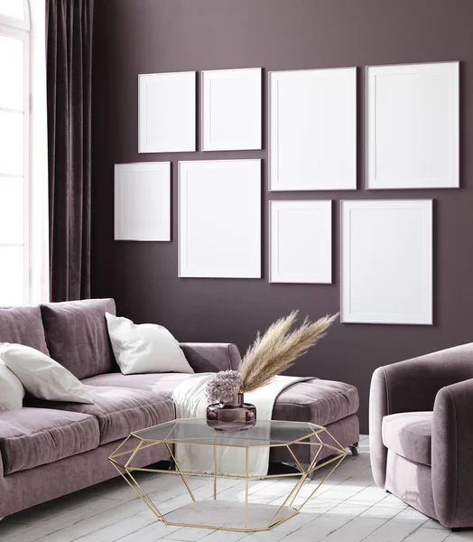 Cartel Burlón Violeta Oscuro Monocromo Moderno Salón Fondo Interior Render — Foto de Stock