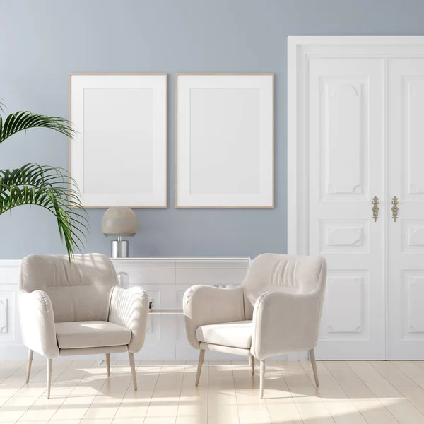 Cartaz Mockup Sala Estar Moderna Interior Cores Pastel Renderizar — Fotografia de Stock