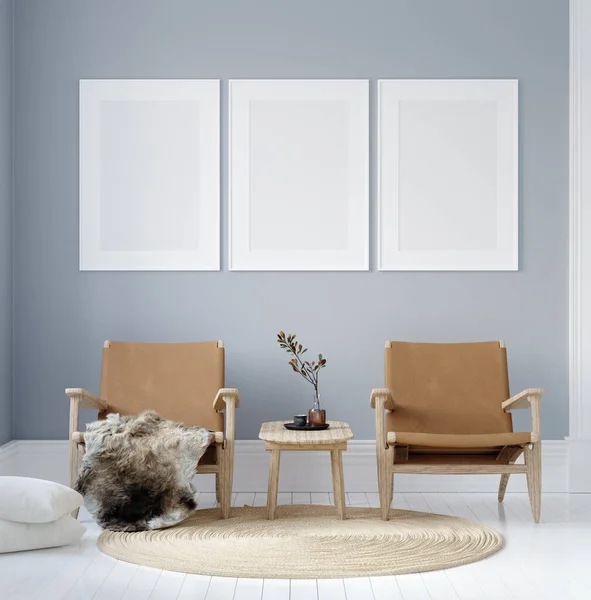 Cartaz Mockup Sala Estar Moderna Interior Cores Pastel Renderizar — Fotografia de Stock