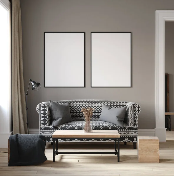 Scandinavian style living room interior with ethnic furniture, 3d render