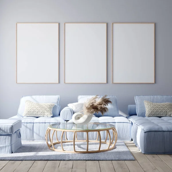 Mockup Poster Modern Living Room Interior Pastel Colors Render — Stock Photo, Image