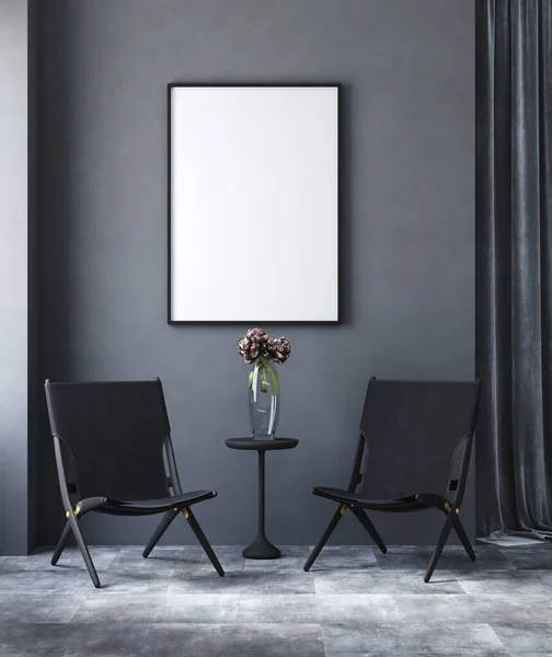 Mock up poster in black modern living room, industrial style, 3d render