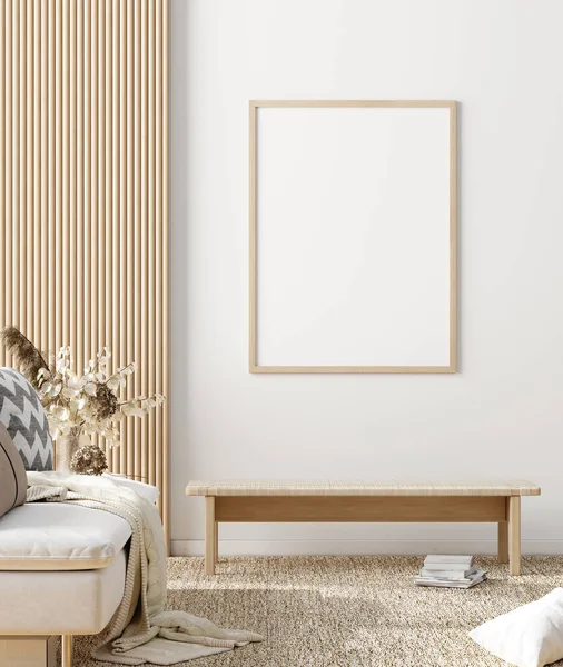 Falešný Plakát Teplém Skandinávském Stylu Obývací Pokoj Interiér Dřevěnou Výzdobou — Stock fotografie