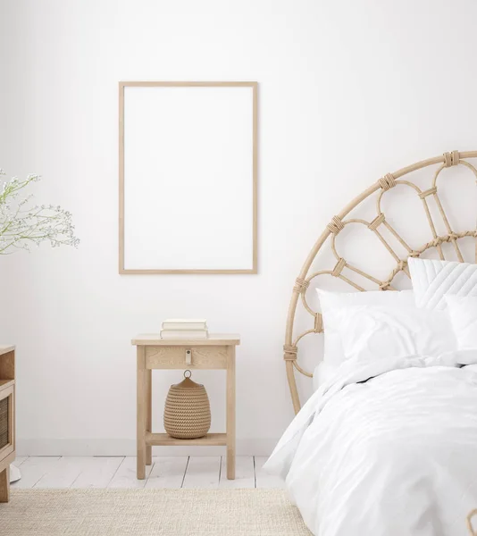 Mockup Frame Coastal Boho Style Bedroom Interior Render — Stock Photo, Image