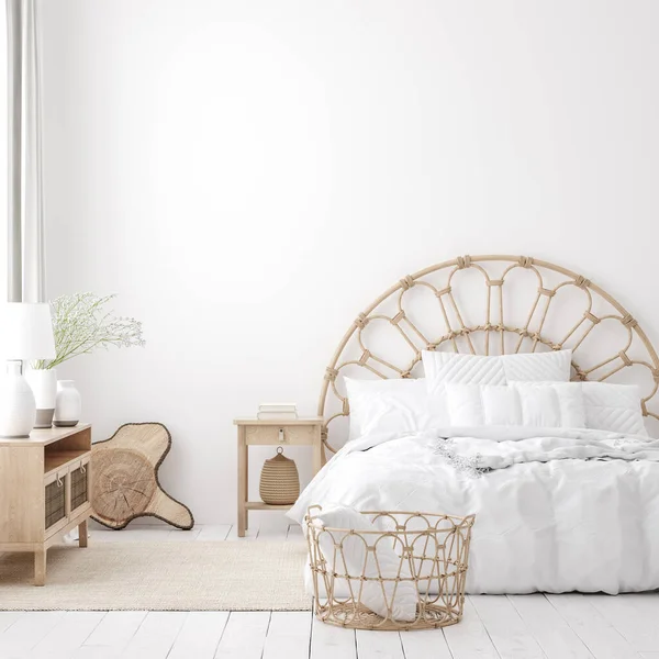 Coastal Boho Gaya Interior Kamar Tidur Mockup Dinding Render — Stok Foto