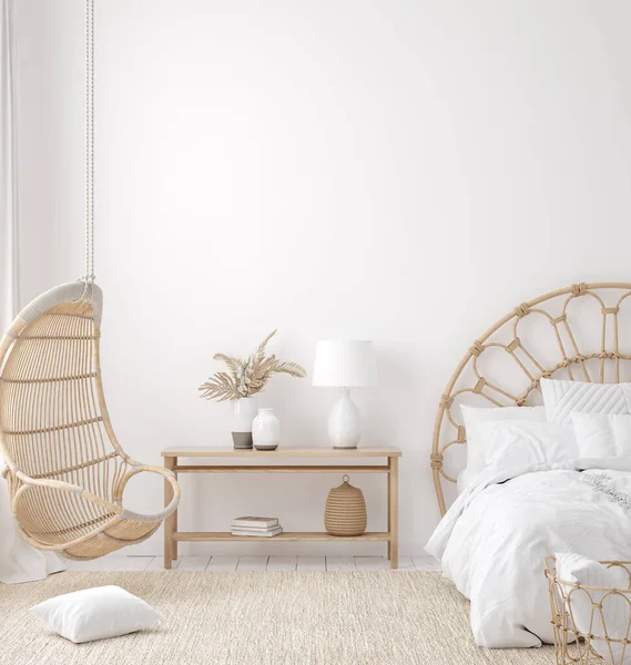 Coastal boho tarzı yatak odası iç mekan, duvar modeli, 3D tasarım.
