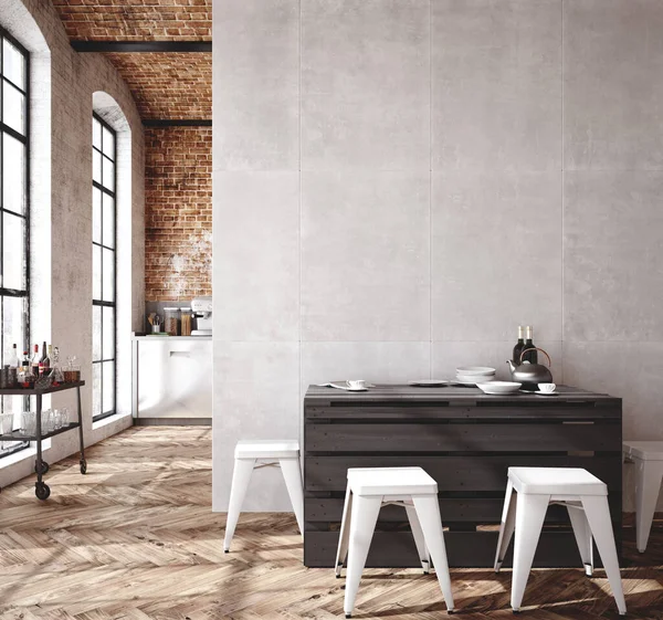 Loft Apartment Kitchen Interior Industrial Style Render — Stock Photo, Image
