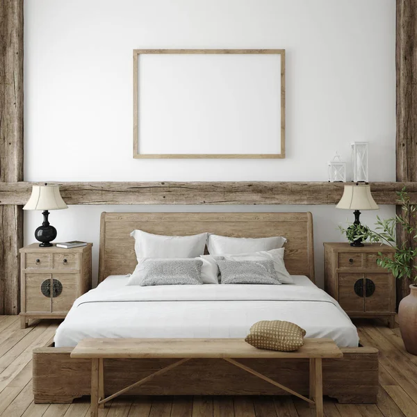 Mockup Rahmen Schlafzimmer Innenhintergrund Bauernhaus Stil Render — Stockfoto