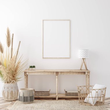 Sahilde boho tarzı iç çerçeve, 3d oluşturma