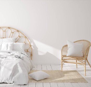 Coastal boho tarzı yatak odası iç mekan, duvar modeli, 3D tasarım.