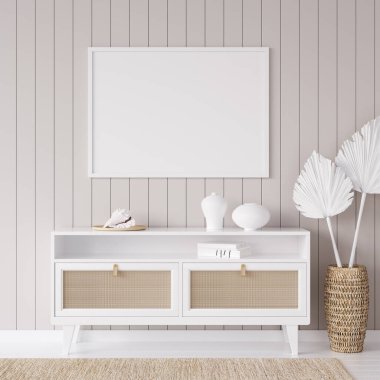 Kıyı evindeki iç plan çerçevesini, doğal ahşap mobilyaları ve kuru bitkileri olan odayı, 3D görüntüle.