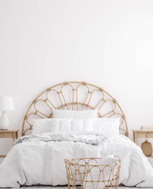 Coastal boho tarzı yatak odası iç mekan, duvar modeli, 3D tasarım.