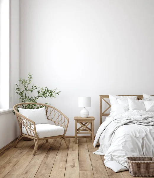 Scandinavische Boerderij Slaapkamer Interieur Muur Mockup Render — Stockfoto