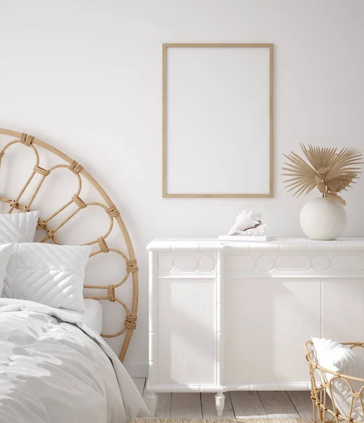 Mockup Rahmen Küsten Boho Stil Schlafzimmer Interieur Render — Stockfoto