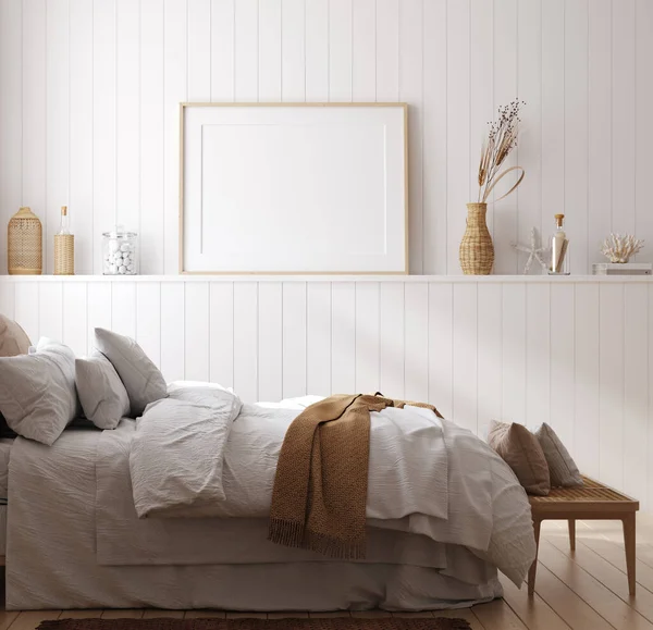 Konforlu Içi Arka Plan Sahil Tarzı Yatak Odası Görüntüleme — Stok fotoğraf