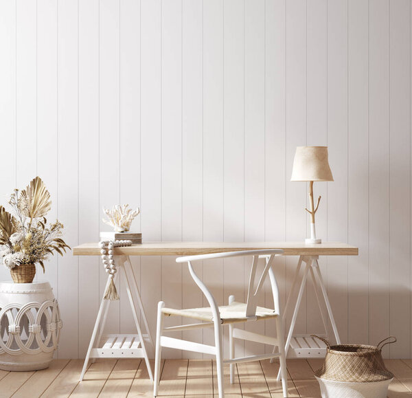 Poster mock up in home office interior background, Coastal style, 3d render