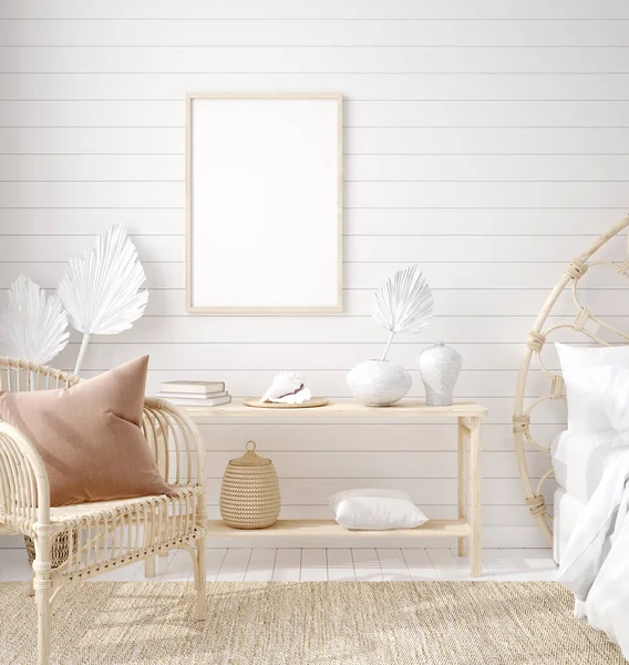 Marco Burla Fondo Interior Del Dormitorio Estilo Boho Costero Render — Foto de Stock