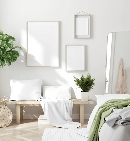 Scandinavian Style White Fresh Bedroom Interior Mit Attrappen Der Wand — Stockfoto