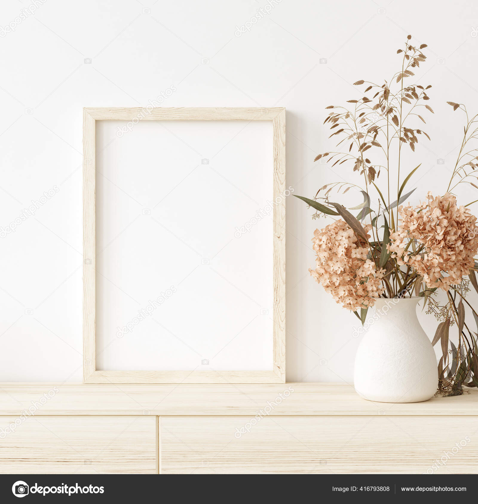 Mock Frame Home Interior Background White Room Natural Wooden Furniture