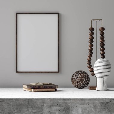 Çatı katının iç kısımlarında etnik dekorlu maket poster çerçevesi, 3D görüntüleme