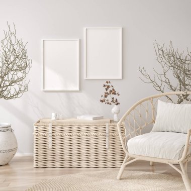 Mockup frame in white cozy living room interior background, 3d render clipart