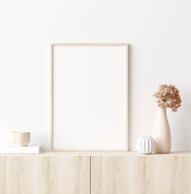 Çerçeveyi ev içi arka planda, doğal ahşap mobilyalı beyaz oda, Scandi-Boho tarzı, 3D görüntüleme