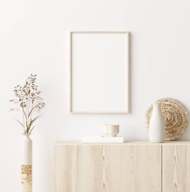 Çerçeveyi ev içi arka planda, doğal ahşap mobilyalı beyaz oda, Scandi-Boho tarzı, 3D görüntüleme