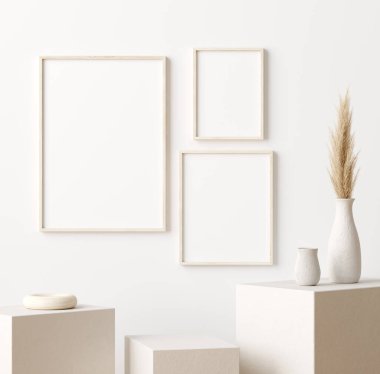Çerçeveyi ev içi arka planda, doğal ahşap mobilyalı beyaz oda, Scandi-Boho tarzı, 3D görüntüleme