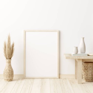 Mock up frame in home interior background, white room with natural wooden furniture, Scandi-Boho style, 3d render clipart