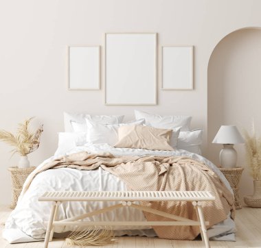 Mock up frame in bedroom interior background, beige room with natural wooden furniture, 3d render clipart